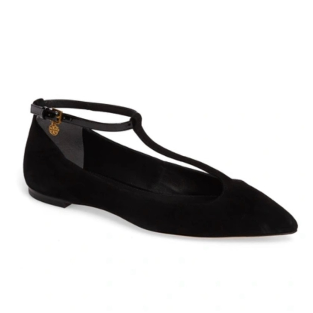 Tory Burch Ashton T-Strap Black Suede Flats, Sz 11